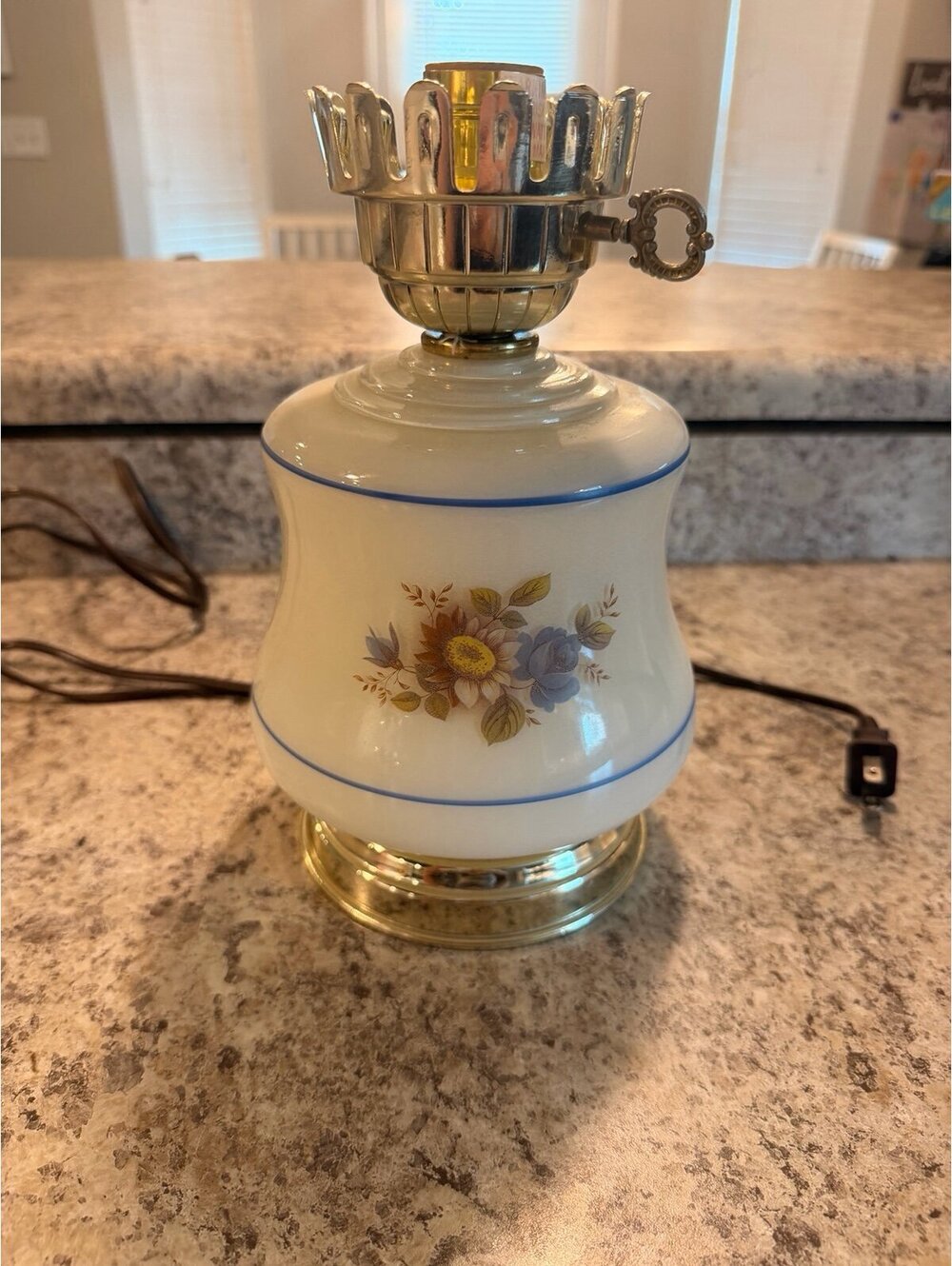 16" Vintage Hurricane Milk Glass Floral Desk Table Lamp - No Shade